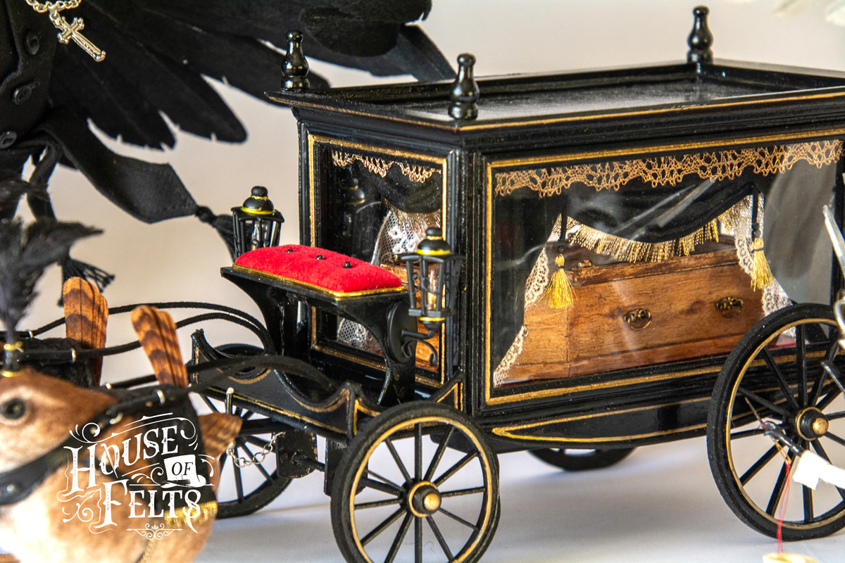 Handmade Miniature Funeral Carriage from the story of 'Who Killed Cock Robin' by Wildlife Artist, Malachai Cribdon
