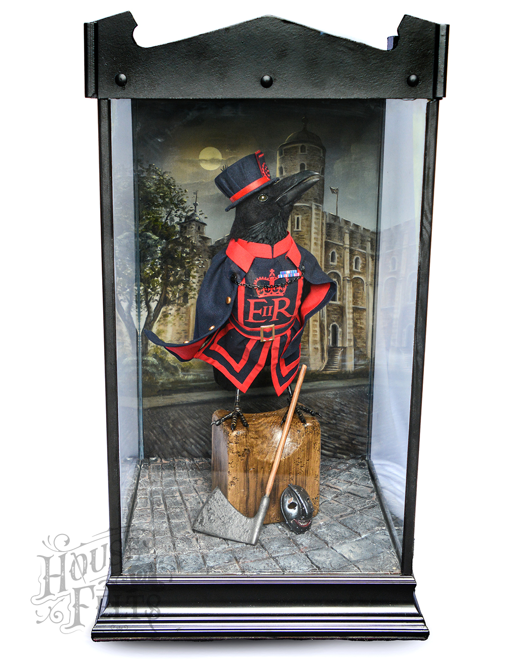Needle Felted Beefeater Raven in Glass Case for the Raven Master at the Tower of London