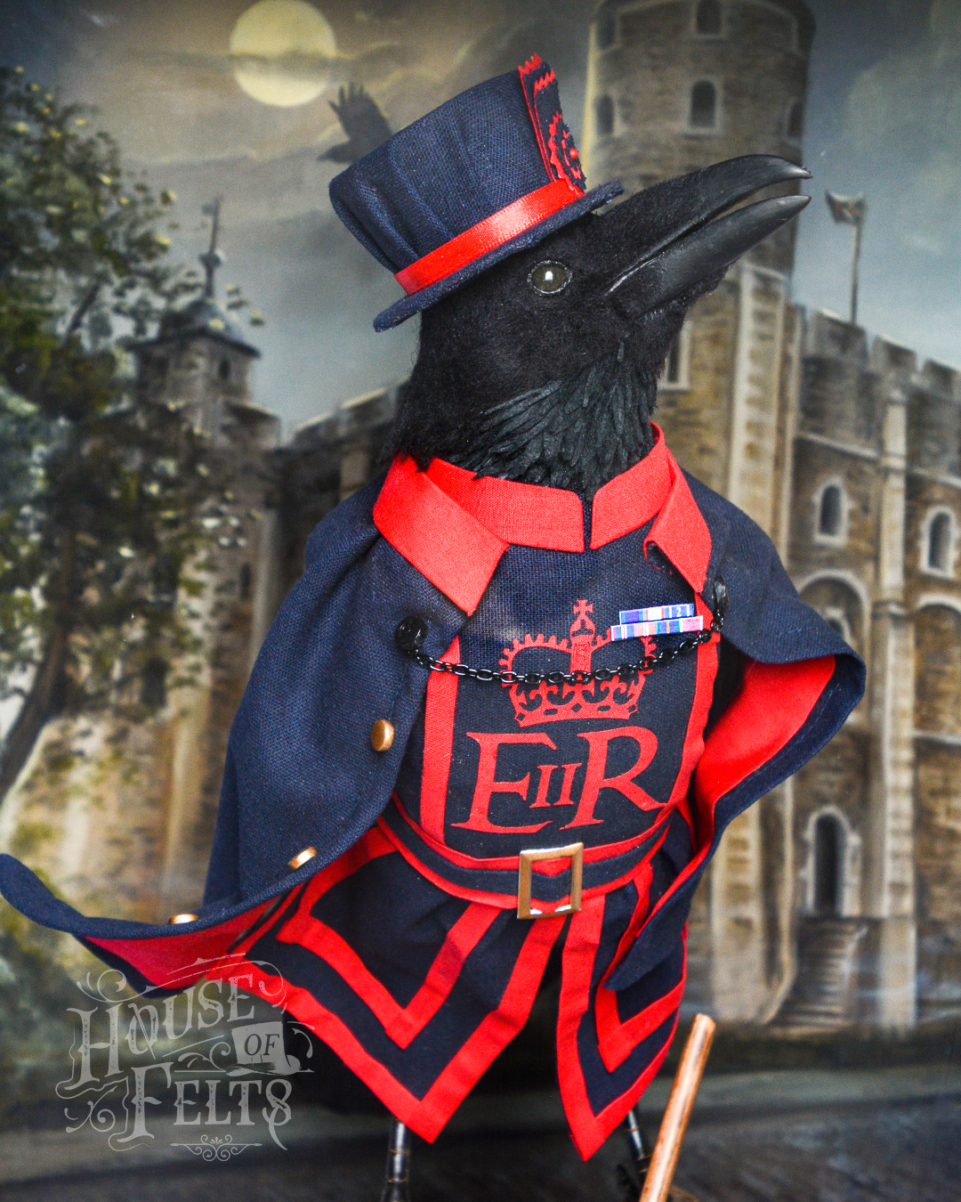 Needle Felted Raven with hand painted background in Glass Case for the Raven Master at the Tower of London