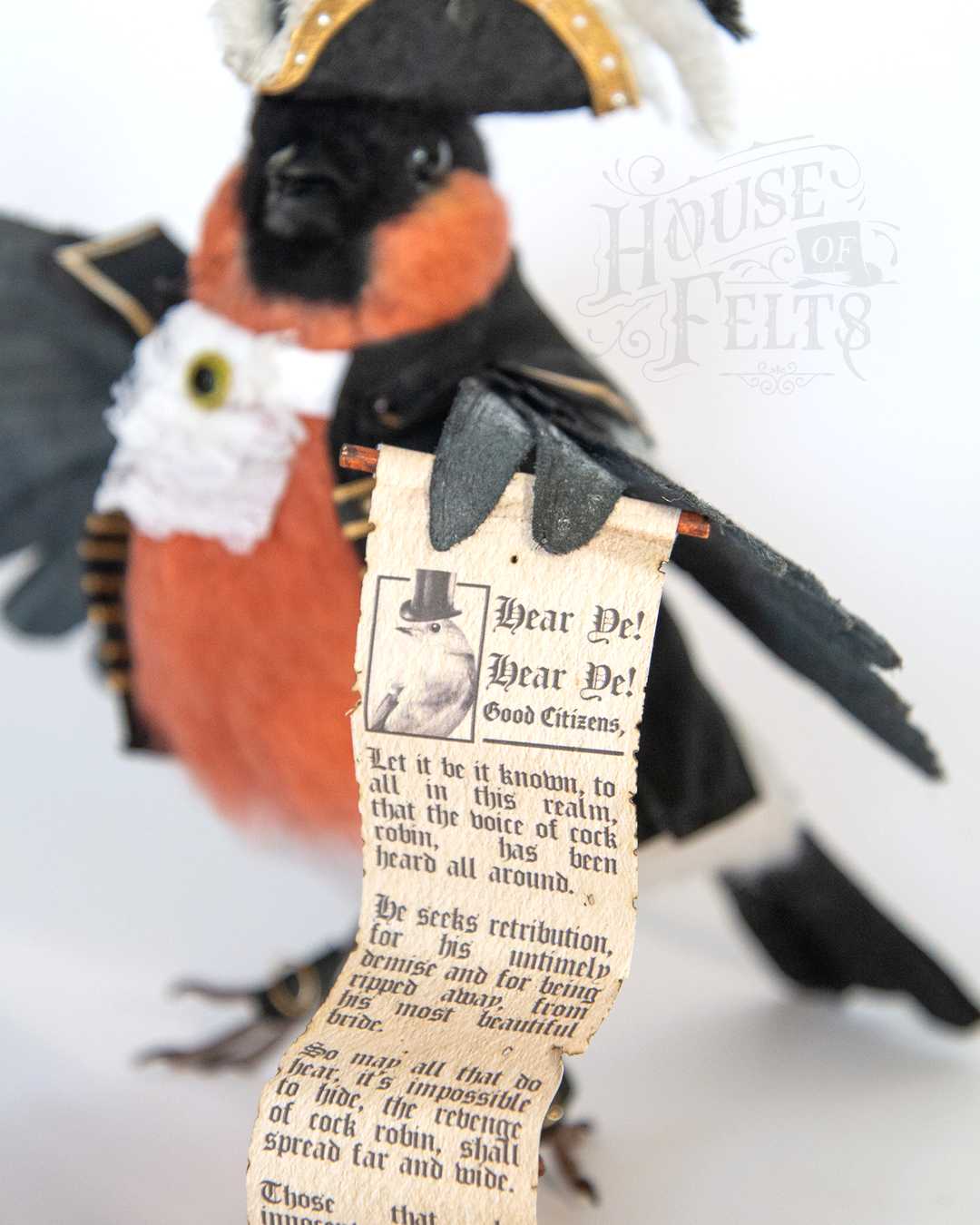 Needle Felted Bullfinch Town Crier With Scroll